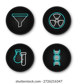 Set line DNA symbol, Test tube and flask, Radioactive and Funnel or filter icon. Vector