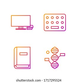 Set line DNA symbol, User manual, Smart Tv and Pills in blister pack. Gradient color icons. Vector