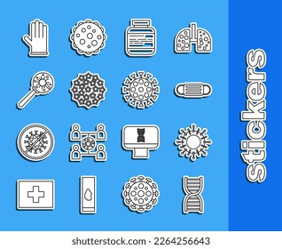 Set line DNA symbol, Virus, Medical protective mask, Medicine bottle and pills, under magnifying glass, rubber gloves and  icon. Vector