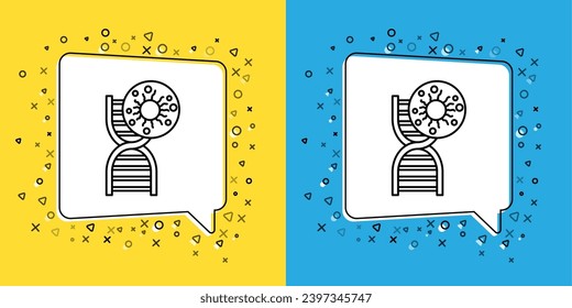 Establece el símbolo de ADN de línea y el icono de virus aislados en fondo amarillo y azul.  Ilustración vectorial