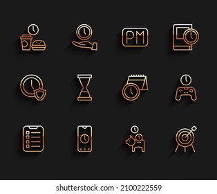 Set line To do list or planning, Alarm clock app mobile, Fast food time, Piggy bank with coin, Target sport, Old hourglass sand, Gamepad of and Calendar icon. Vector