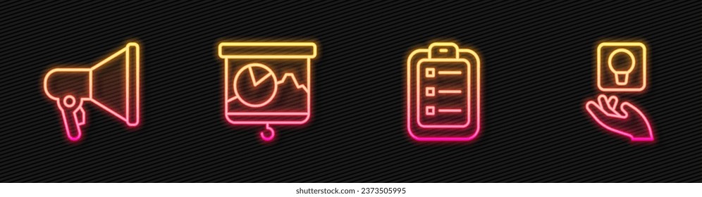 Set line To do list or planning, Megaphone, Chalkboard with chart and Light bulb. Glowing neon icon. Vector