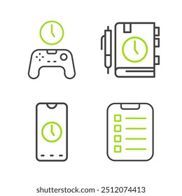 Set line To do list or planning, Alarm clock app mobile, Daily paper notepad and Gamepad of time icon. Vector