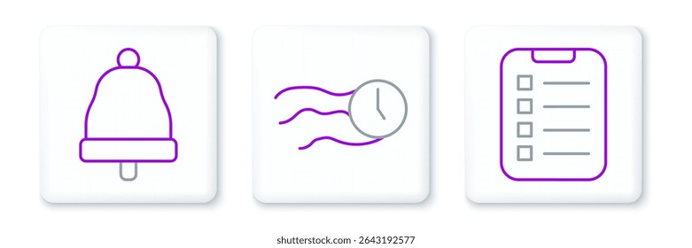 Set line To do list or planning, Ringing bell and Time flies on the clock icon. Vector