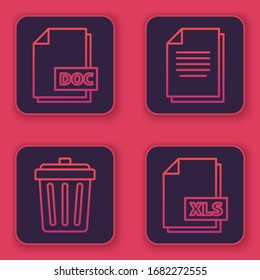 Set line DOC file document, Trash can, Document and XLS file document. Blue square button. Vector