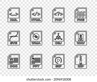 Set line DOC file document, ZIP, PHP, PPT, XML, WMA, GIF and WAV icon. Vector