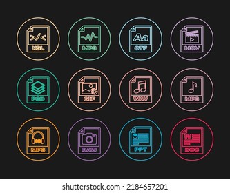 Set line DOC file document, MP3, OTF, GIF, PSD, XSL, WAV and  icon. Vector