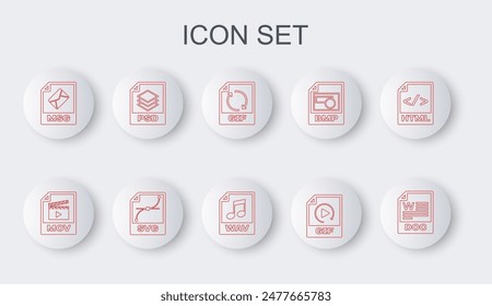 Set line DOC file document, MOV, GIF, MSG, PSD, WAV icon. Vector