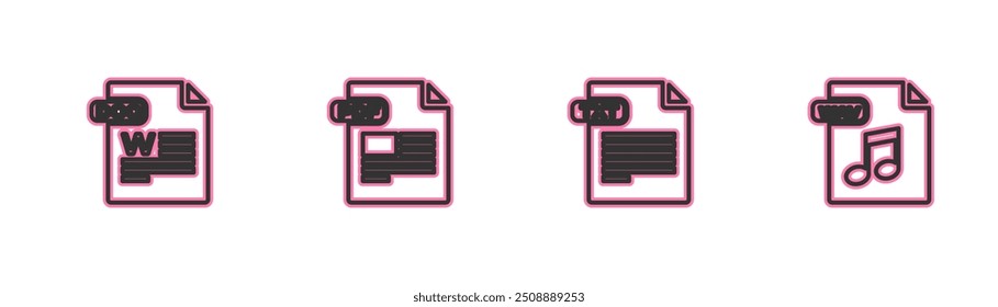 Set line DOC file document, TXT, PDF and WAV icon. Vector