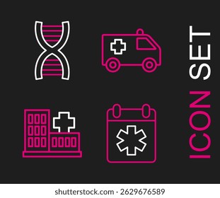 Set line Doctor appointment, Hospital building, Ambulance car and DNA symbol icon. Vector