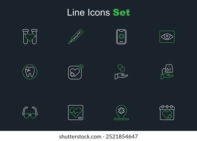 Set line Nomeação médica, Localização hospital, Frequência cardíaca, Óculos, Doação de sangue, Prescrição médica, Móvel com coração e ícone de cáries dentárias. Vetor