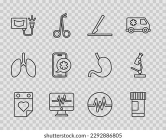 Set line Doctor appointment, Medicine bottle and pills, Medical surgery scalpel, Monitor with cardiogram, Ultrasound, Emergency phone call, Heart rate and Microscope icon. Vector