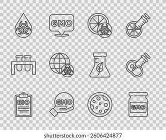 Set line Document for bio healthy food, GMO, Genetically modified orange, Petri dish with bacteria and meat icon. Vector