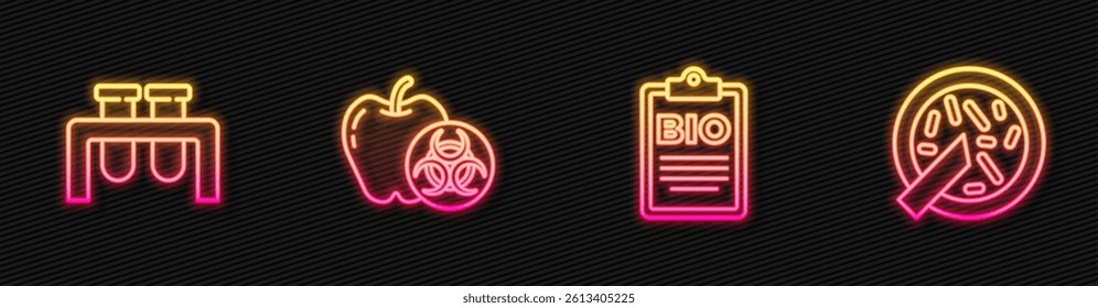 Set line Document for bio healthy food, Test tube and flask, Genetically modified apple and Petri dish with bacteria. Glowing neon icon. Vector