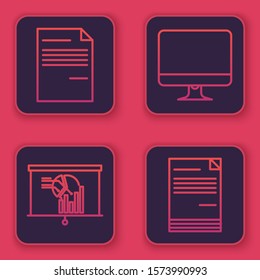 Set line Document, Board with graph chart, Computer monitor screen and Document. Blue square button. Vector