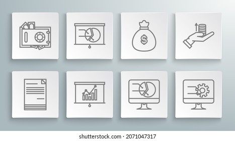 Set line Document, Board with graph chart, Computer monitor, Money bag, hand and Safe money icon. Vector
