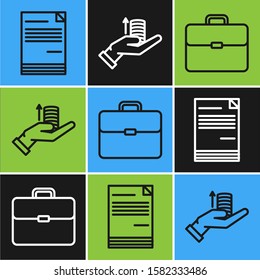 Set line Document, Briefcase and Money on hand icon. Vector