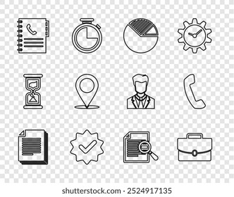 Set line Document, Briefcase, Pie chart infographic, Approved and check mark, Phone book, Map pin, with search and Telephone handset icon. Vector