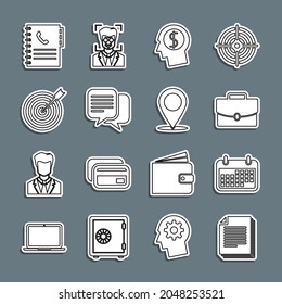 Set line Document, Calendar, Briefcase, Business man planning mind, Chat, Target with arrow, Phone book and Map pin icon. Vector