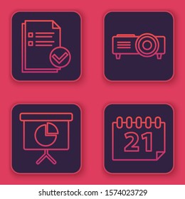 Set line Document and check mark, Presentation financial board with graph, chart, diagram, infographic, pie graph, Presentation, movie, film, media projector and Calendar. Blue square button. Vector