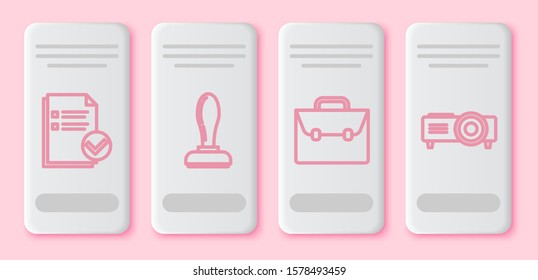Set line Document and check mark, Stamp, Briefcase and Presentation, movie, film, media projector. White rectangle button. Vector