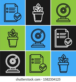 Set line Document and check mark, Web camera and Flowers in pot icon. Vector