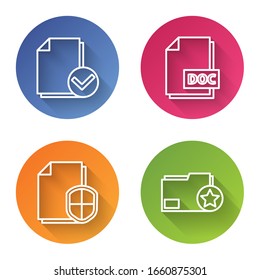 Set line Document and check mark, DOC file document, Document protection concept and Document folder with star. Color circle button. Vector
