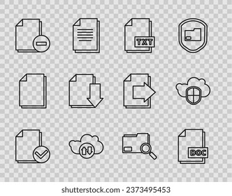 Set line Document and check mark, DOC file document, TXT, Cloud download upload, with minus, Search concept folder and shield icon. Vector