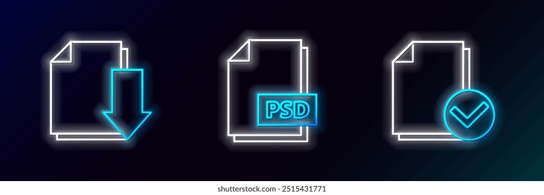 Establecer la línea Documento y marca de verificación, con la Descarga y el icono de documento de archivo PSD. Brillante neón. Vector