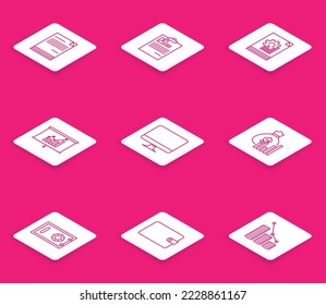 Set line Document, Clipboard with resume, graph chart, Board, Computer monitor screen, Money bag and diagram, Safe and Wallet icon. Vector