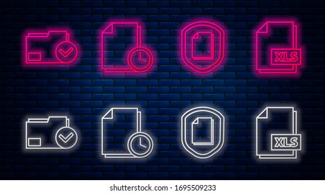 Establecer línea Documento con reloj, concepto de protección de documentos, carpeta de documentos y marca de verificación y documento de archivo XLS. Icono de neón brillante en la pared de ladrillo. Vector