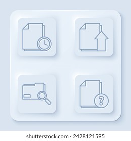 Set line Document with clock, Upload file document, Search concept with folder and Unknown document. White square button. Vector