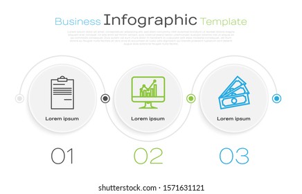 Set line Document, Computer monitor with graph chart and Stacks paper money cash. Business infographic template. Vector