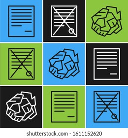 Set line Document, Crumpled paper ball and Delete file document icon. Vector