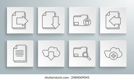 Set line Document, with download, Cloud, Search concept folder, Add cloud, Delete, Next page arrow and  icon. Vector