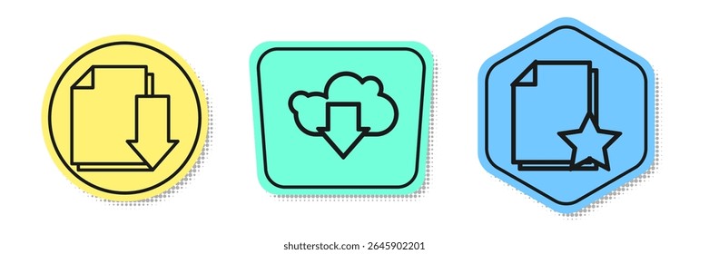 Defina a linha Documento com download, Cloud download e Documento com estrela. Formas coloridas. Vetor
