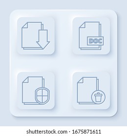 Set line Document with download, DOC file document, Document protection concept and Delete file document. White square button. Vector