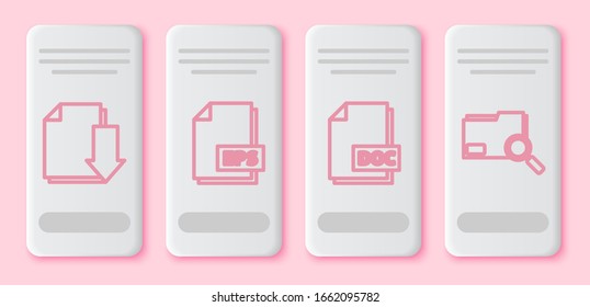 Legen Sie das Zeilendokument mit Download, EPS-Dateidokument, DOC-Dateidokument und Suchkonzept mit Ordner fest. Weiße Rechtecktaste. Vektorillustration