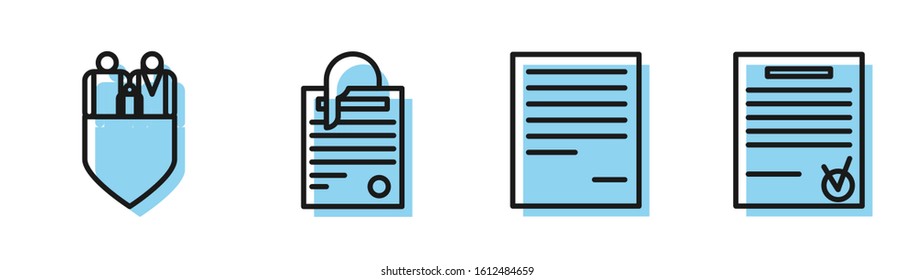 Set line Document, Family insurance with shield, File document and paper clip and Confirmed document and check mark icon. Vector