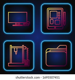 Set line Document folder, 3D printer, Smart Tv and Graphic tablet. Gradient color icons. Vector