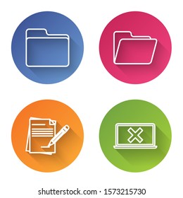 Set line Document folder, Document folder, Blank notebook and pencil with eraser and Laptop and cross mark on screen. Color circle button. Vector