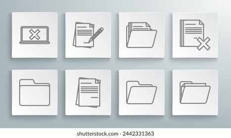 Set line Document folder, Blank notebook and pencil with eraser, File document, Delete file and Laptop cross mark on screen icon. Vector