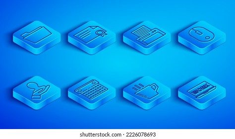 Set line Document folder, Certificate template, Printer, Calendar, Coffee cup, Computer mouse, Hand for search people and Laptop with text work icon. Vector