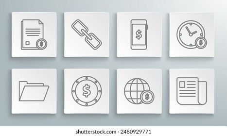 Set line Document folder, Chain link, Coin money with dollar symbol, Earth globe, File document, Smartphone, Time is and Finance icon. Vector