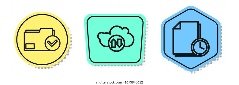 Set line Document folder and check mark, Cloud download and upload and Document with clock. Colored shapes. Vector
