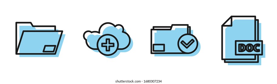 Set line Document folder and check mark, Document folder, Add cloud and DOC file document icon. Vector