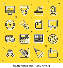 Set line Document folder with clip, Basketball ball, Chalkboard, Male kid raising hand, Fountain pen nib, Clock, Computer monitor and Book icon. Vector