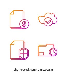 Set line Document folder with clock, Document protection concept, Finance document and Cloud with check mark. Gradient color icons. Vector