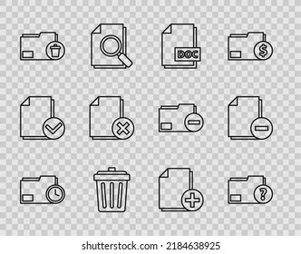 Set line Document folder with clock, Unknown document, DOC file, Trash can, Delete, Add new and minus icon. Vector