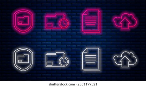 Set line Document folder with clock, Document, Document folder protection and Cloud upload. Glowing neon icon on brick wall. Vector